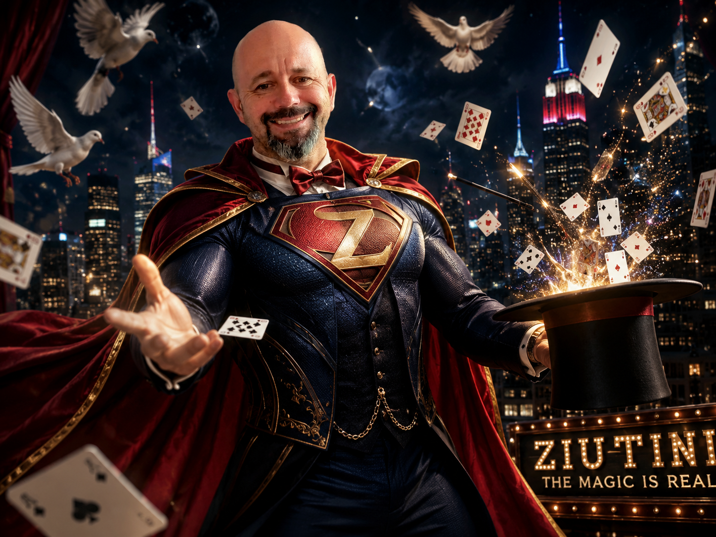 Magician Ziutini performing with cards and a top hat